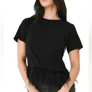 Le Superbe Black Birdie Top Feather Hem Tee Black Size Large NWT Cotton Revolve
